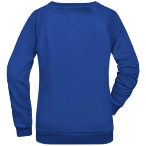A blue ladies' promo sweatshirt with a simple design and a logo on the back.