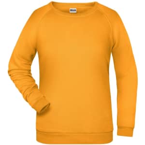 A yellow jumper with a classic crew neck and raglan sleeves. It features a logo on the front.
