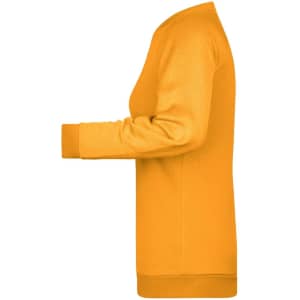 A yellow ladies' sweater featuring long sleeves and a relaxed fit. It has a logo on the garment.