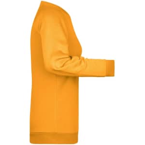 A side view of a long-sleeve jumper in vibrant yellow, featuring a logo.
