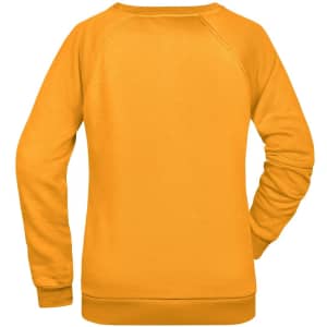 A women's sweater in vibrant yellow with a simple design, featuring a logo on the back.