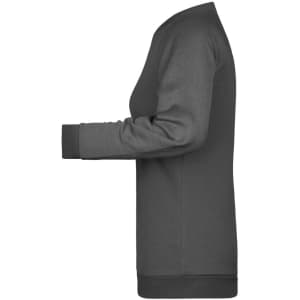A grey ladies' sweatshirt with long sleeves, featuring a side view and a logo on the front.