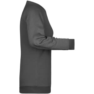 A grey ladies' jumper with long sleeves and a ribbed hem. Features a branding logo on the side.