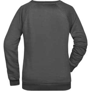 A dark grey ladies' sweatshirt with a round neckline and long raglan sleeves. It features a logo on the back.