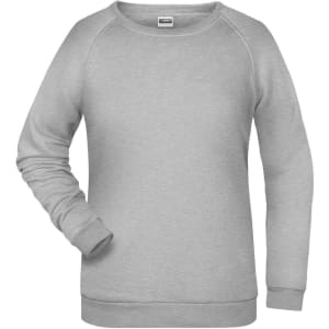 A grey ladies sweatshirt with a round neckline and long sleeves, featuring a logo on the front.