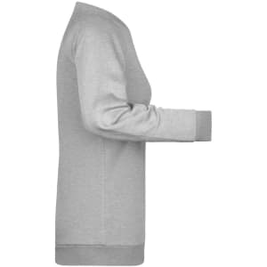 A grey ladies' jumper with long sleeves and ribbed cuffs, featuring a logo on the front.