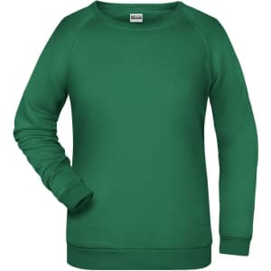A green sweater with long sleeves, featuring a round neck and ribbed cuffs. It has a branding logo.