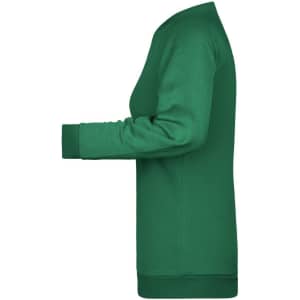 A green ladies' sweater featuring long sleeves and a crew neck. It has a logo on the front.