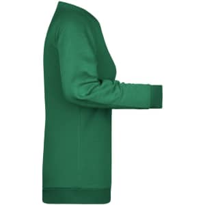 A green ladies' jumper, featuring a classic sweater design and long sleeves. It has a logo on it.