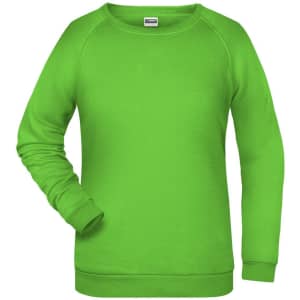 A green jumper featuring a round neckline and long sleeves, with a logo on the front.