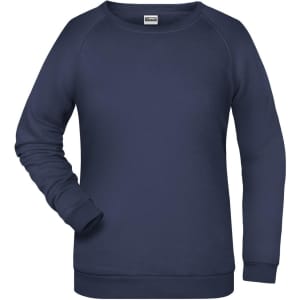 A navy blue ladies' jumper features a classic crew neck and long sleeves, with a simple design and a logo.