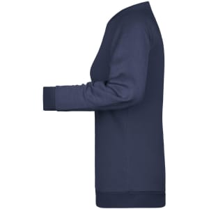 A navy blue ladies' sweater featuring a round neckline and ribbed cuffs. The product includes a logo.