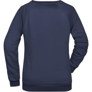 A navy blue ladies' sweatshirt with a simple design and a branded logo at the back.