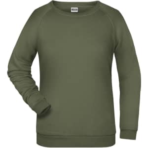 A green women's sweatshirt with a crew neckline and long sleeves. It features a logo on the front.