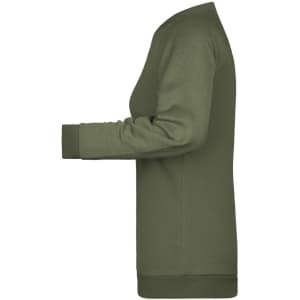 A green ladies' promotional sweatshirt featuring long sleeves and a crew neck, side view. Logo present.