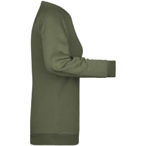 An olive green ladies' sweater with a crew neck and long sleeves, featuring fitted cuffs and hem.
