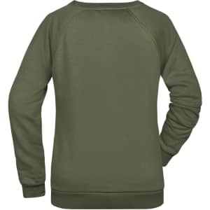 A green ladies' sweater featuring a simple design with a logo at the back. It has long sleeves and a rounded neckline.