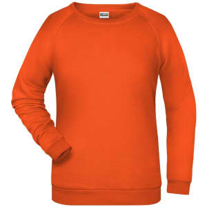 An orange jumper featuring a crew neckline and long sleeves. It has a logo on the front.
