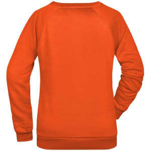 An orange jumper with long sleeves and a rounded neckline, featuring a logo on the back.