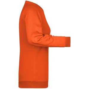 An orange ladies' sweatshirt with a fitted silhouette, featuring long sleeves and a crew neckline. It has a branding logo.