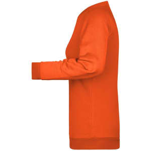 An orange ladies' jumper with long sleeves and ribbed cuffs. It includes a logo on the front.