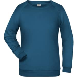 A teal ladies' jumper with a crew neckline and long sleeves, featuring a ribbed hem and cuffs.
