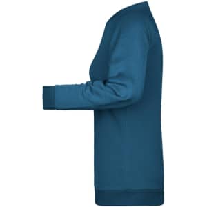 A teal ladies’ sweater featuring long sleeves and a ribbed cuff, with a branding logo on the fabric.