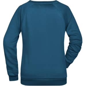 A blue women's sweatshirt with a simple design, featuring a crew neck and long sleeves. It has a branding logo.