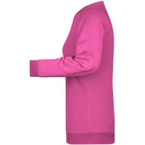 A pink ladies' jumper with long sleeves and a fitted neckline, featuring a ribbed cuff and hem.