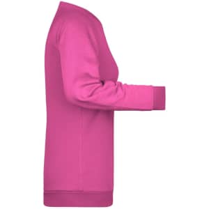 A pink women's sweater featuring long sleeves and a round neckline. It has a logo on the side.