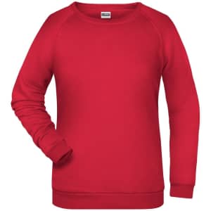 A red jumper featuring a crew neck and long sleeves. It has a simple design and includes a logo.