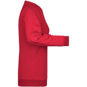A red women's sweatshirt with long sleeves and a crew neckline, featuring a logo on the front.