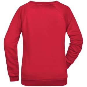 A red ladies' sweatshirt featuring a simple design with long sleeves and a rounded neckline. It has a logo on the back.
