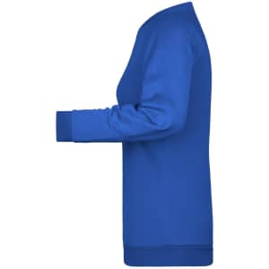 A blue promotional sweater with a round neck and long sleeves, featuring a subtle logo.