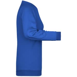 A blue sweater with long sleeves and a ribbed hem, featuring a simple design and an unadorned side view.