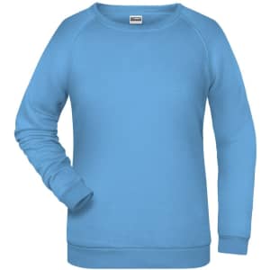 A blue ladies' jumper with a round neckline and long sleeves, featuring a logo on the front.