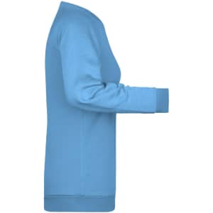 A blue ladies sweater features long sleeves and a round neck, showcasing a side view. It includes a branding logo.