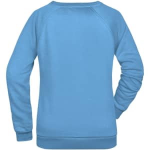 A blue ladies' sweatshirt featuring a simple design and a logo on the back.