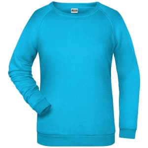 A turquoise jumper featuring long sleeves and a crew neck. The item includes a logo on the front.