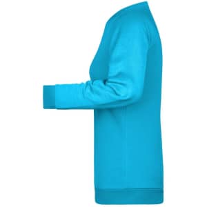 A side view of a turquoise ladies' sweater, featuring long sleeves and a round neckline. The sweater has a logo.