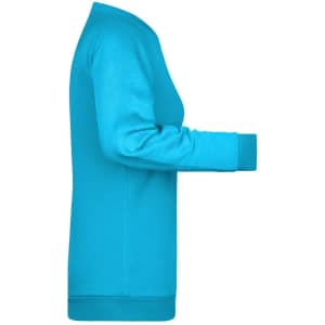 A turquoise ladies' sweater features a round neck and long sleeves, with a ribbed cuff and hem. It has a logo.