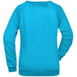 A vibrant turquoise ladies' sweater featuring a classic crew neckline and long sleeves, with a simple design and logo.