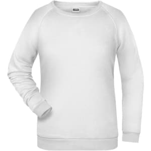 A white women's jumper with long sleeves and a rounded neckline. It features a logo on the front.