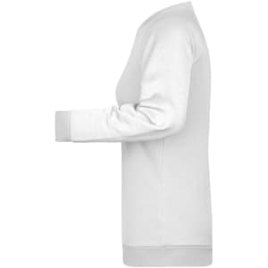A white ladies jumper sweater with long sleeves and a ribbed cuff. It features a logo on the front.