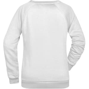 A white women's sweater featuring a simple design and a logo on the back.