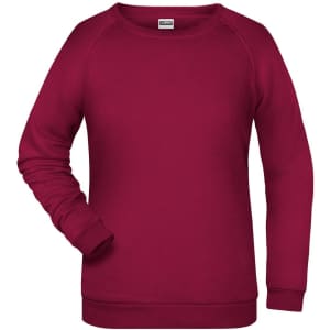 A maroon women's jumper featuring long sleeves, a crew neckline, and a simple design. It has a branding logo.