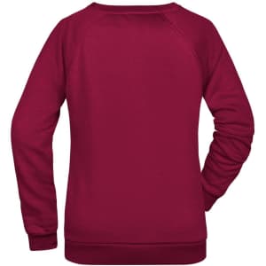 A maroon ladies' promotional sweatshirt featuring a back view and a logo. The design has a casual style.