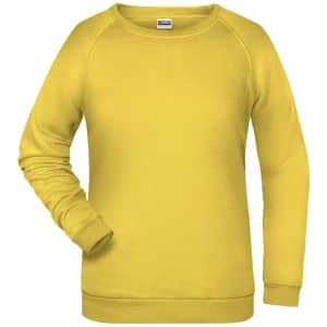 A yellow women's sweatshirt featuring a classic crew neck and ribbed cuffs, with a logo on the label.