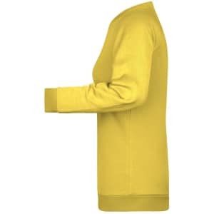 A yellow ladies' sweater featuring long sleeves, with a logo on the front, displayed from the side.