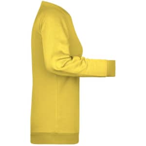 A yellow women's jumper featuring long sleeves and a fitted design. It has a logo on one side.
